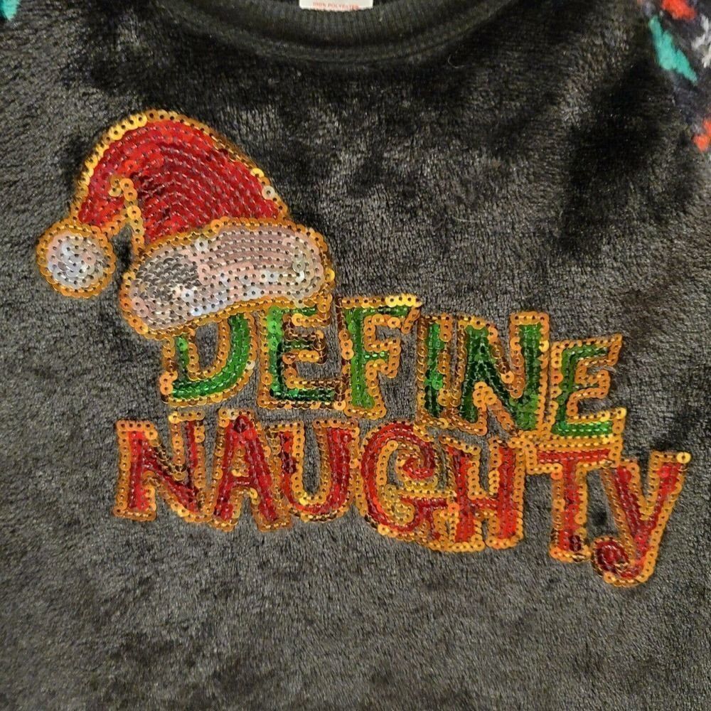 Define Naughty Sequin Ugly Christmas Holiday Plush Top Juniors sz Small Black - Picture 2 of 5